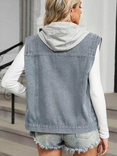 Pocketed Button Up Sleeveless Denim Jacket for Women - Selvanelle