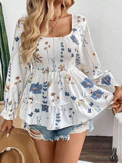 Smocked Floral Scoop Neck Flounce Sleeve Blouse for Women - Selvanelle