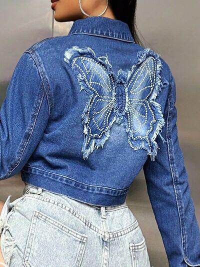 Butterfly Patch Long Sleeve Cropped Denim Top For Women - Selvanelle