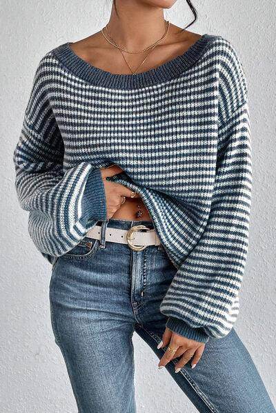 Striped Boat Neck Long Sleeve Sweater for Women Fashion - Selvanelle