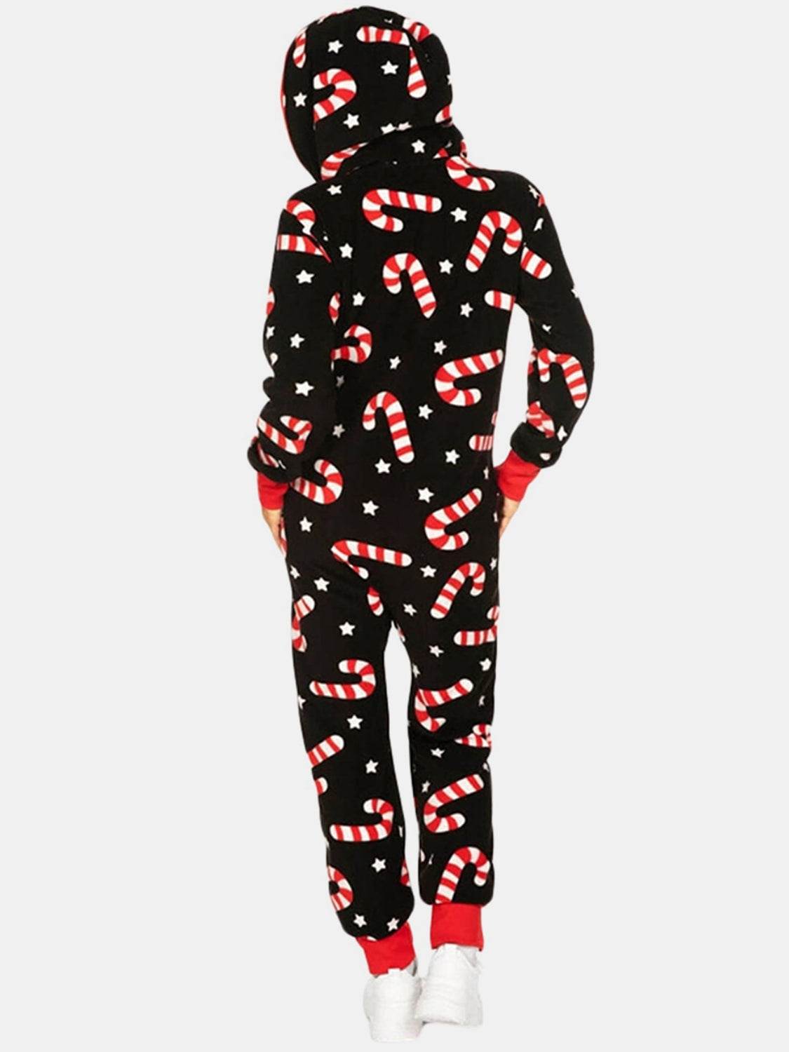 Printed Zip Up Long Sleeve Hooded Jumpsuit - Selvanelle