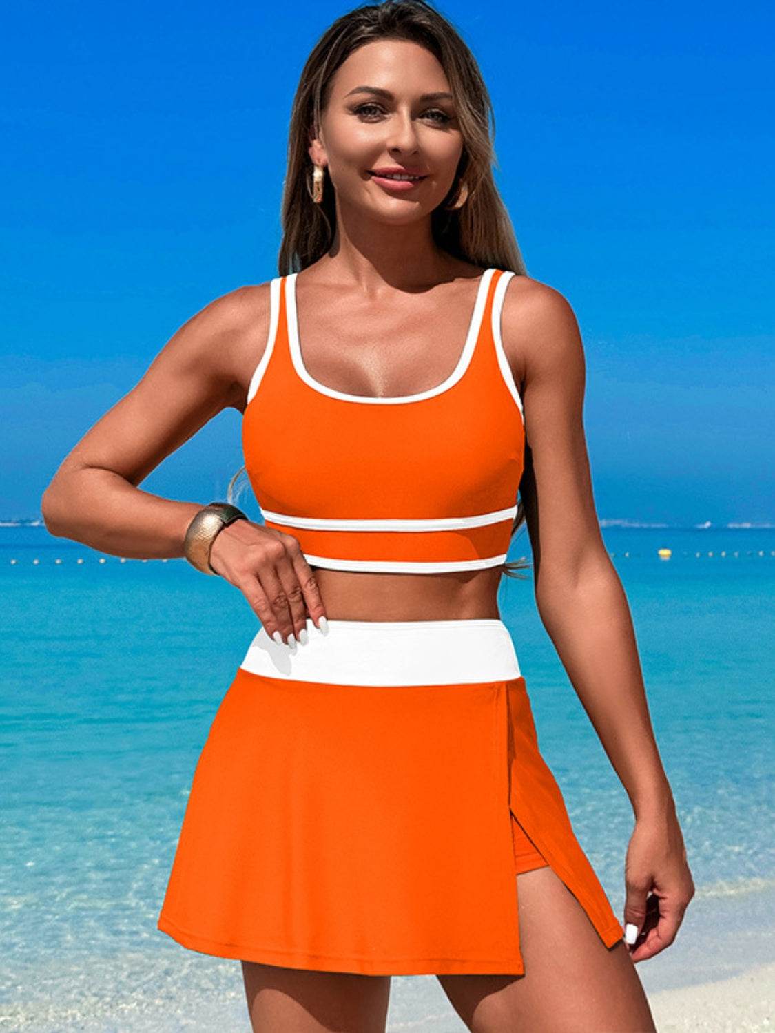 Scoop Neck Top and Skort Swim Set - Selvanelle