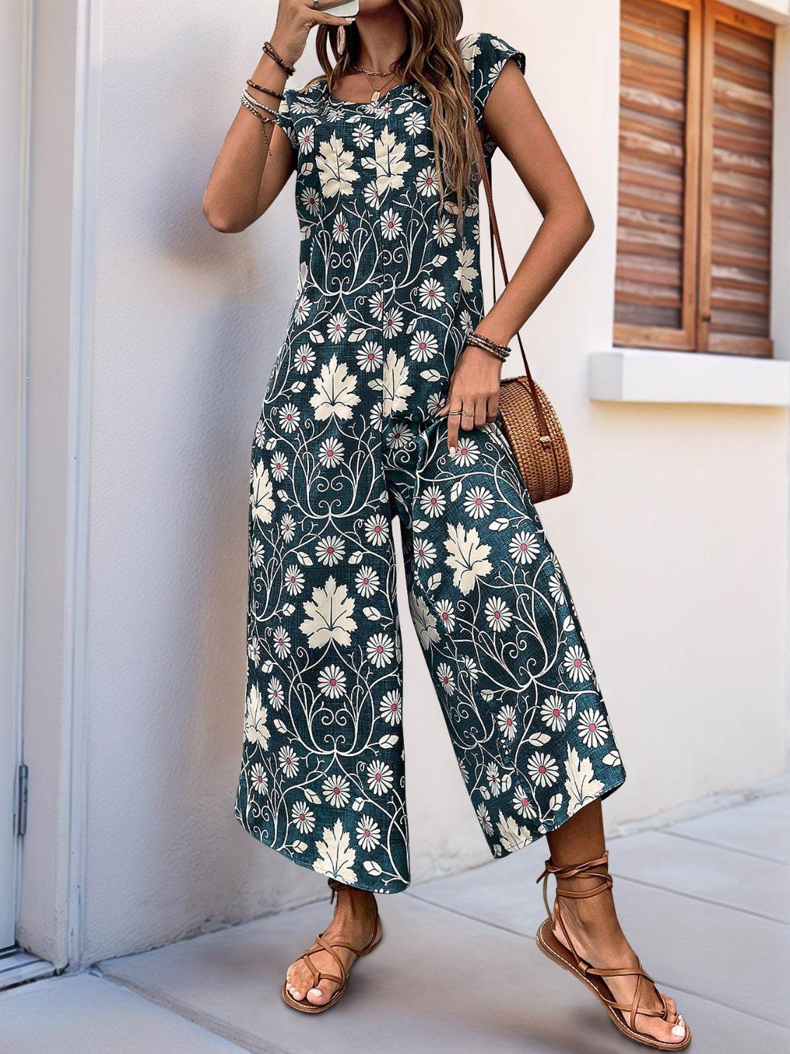 Perfee Printed Round Neck Cap Sleeve Wide Leg Jumpsuit - Selvanelle