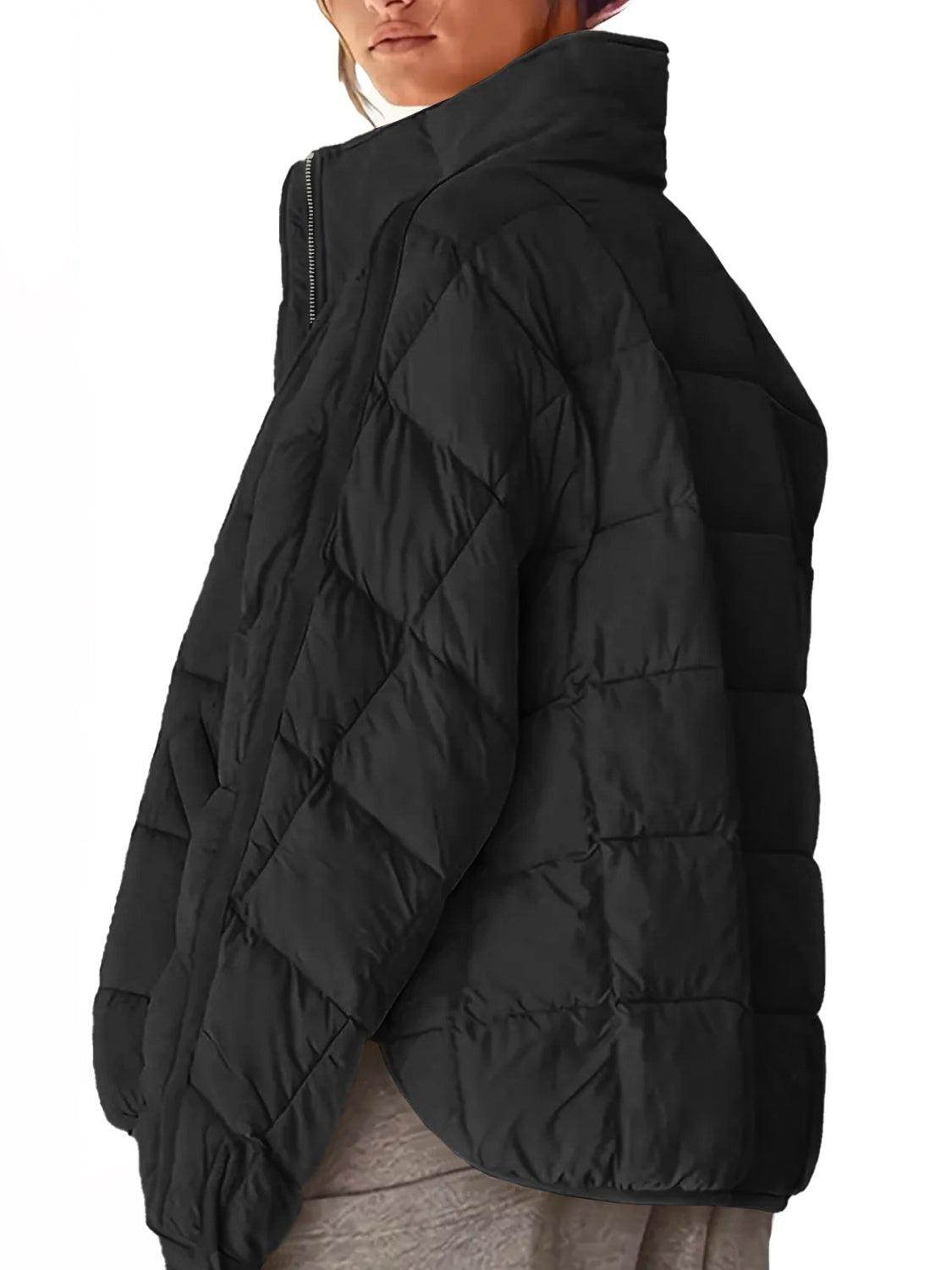 Pocketed Plaid Quilted Zip Up Winter Coat for Women - Selvanelle