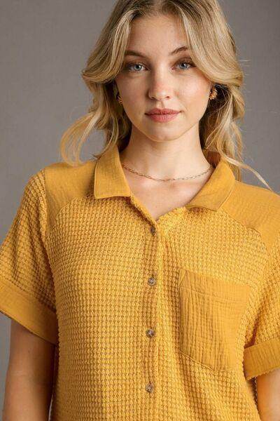 Umgee Full Size Waffle-Knit Short Sleeve Button Down Shirt - Selvanelle