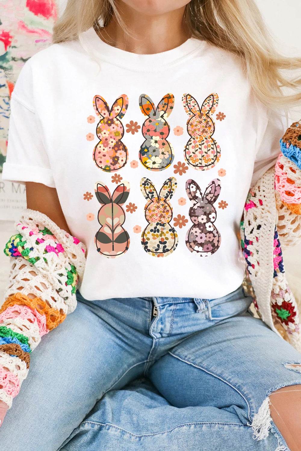 Floral Bunny Graphic Crewneck Short Sleeve T-Shirt - Selvanelle