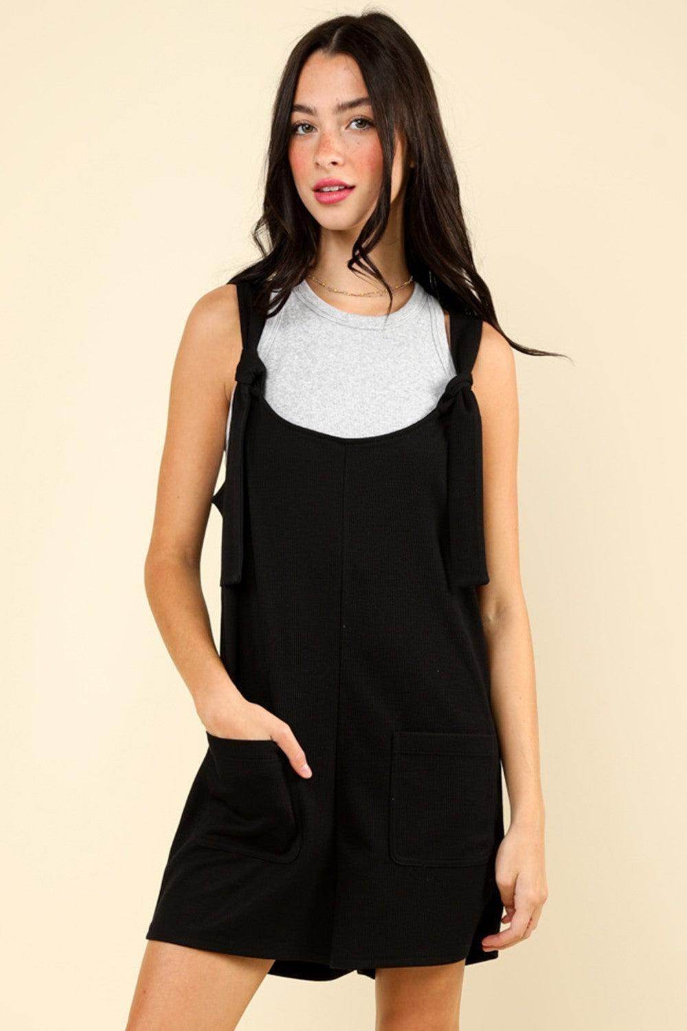 Very J Tie Shoulder Front Pocket Romper for Women - Selvanelle