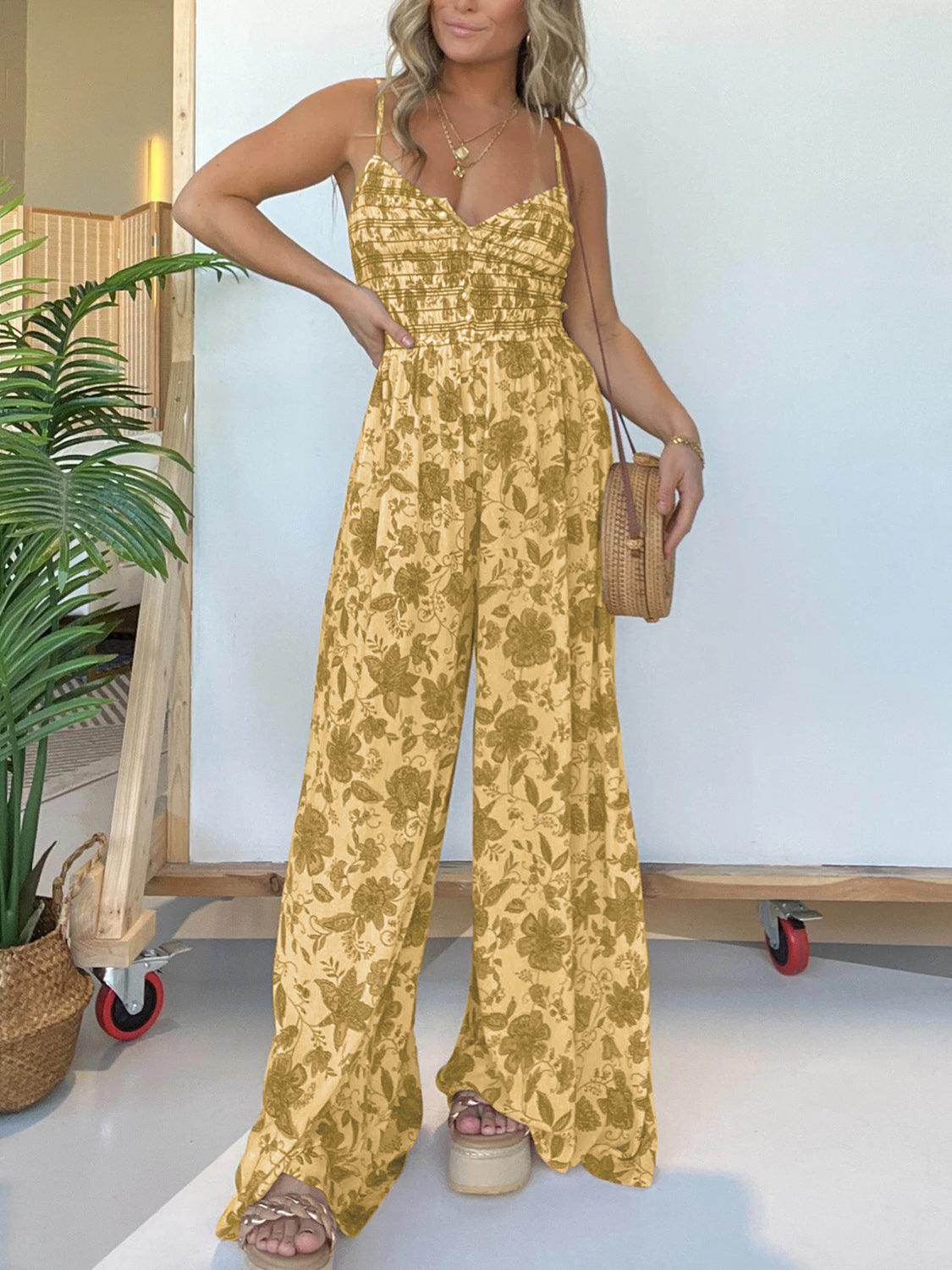 Full Size Printed Spaghetti Strap Wide Leg Jumpsuit for Women - Selvanelle