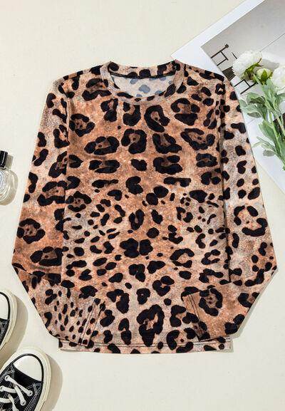 Leopard Round Neck Long Sleeve Blouse for Women Fashion - Selvanelle