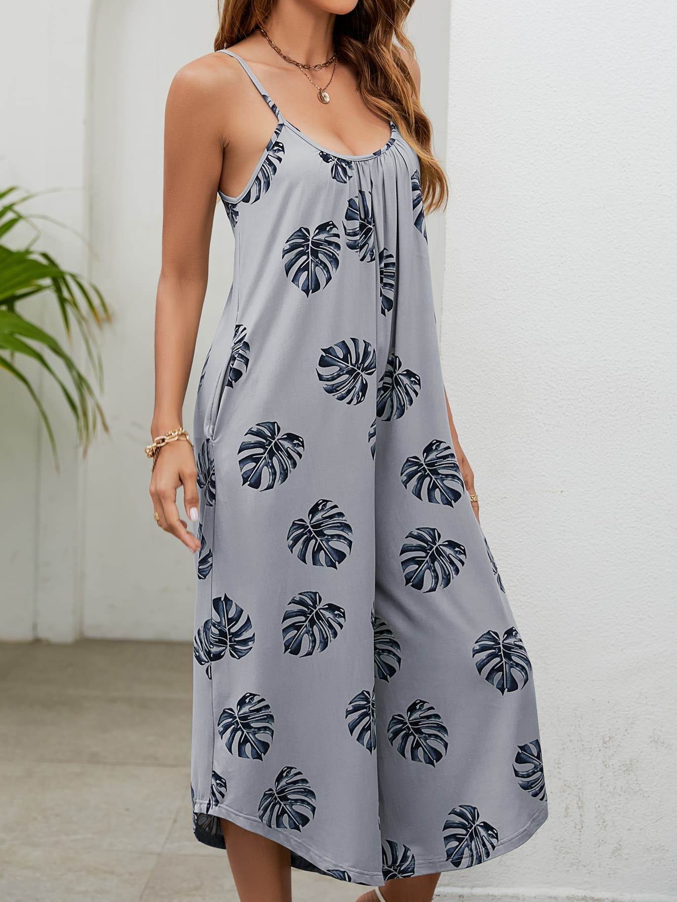 Botanical Print Spaghetti Strap Scoop Neck Jumpsuit - Selvanelle