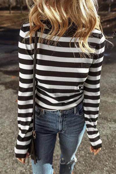 Striped Turtleneck Long Sleeve Knit Top for Women Fashion - Selvanelle