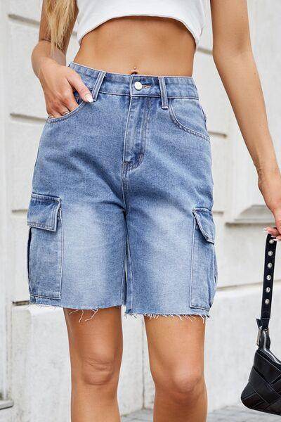 Raw Hem Washed Denim Shorts with Cargo Pockets for Women - Selvanelle