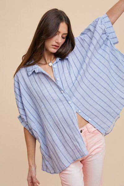 Annie Wear Striped Button Up Half Sleeve Shirt for Women - Selvanelle