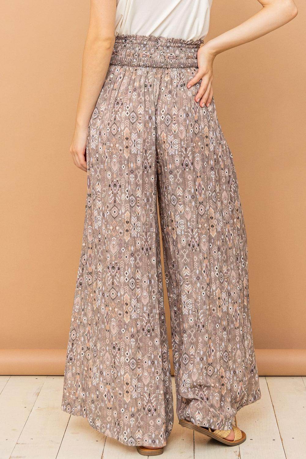 And The Why Printed Smocked Waist Slit Wide Leg Pants - Selvanelle