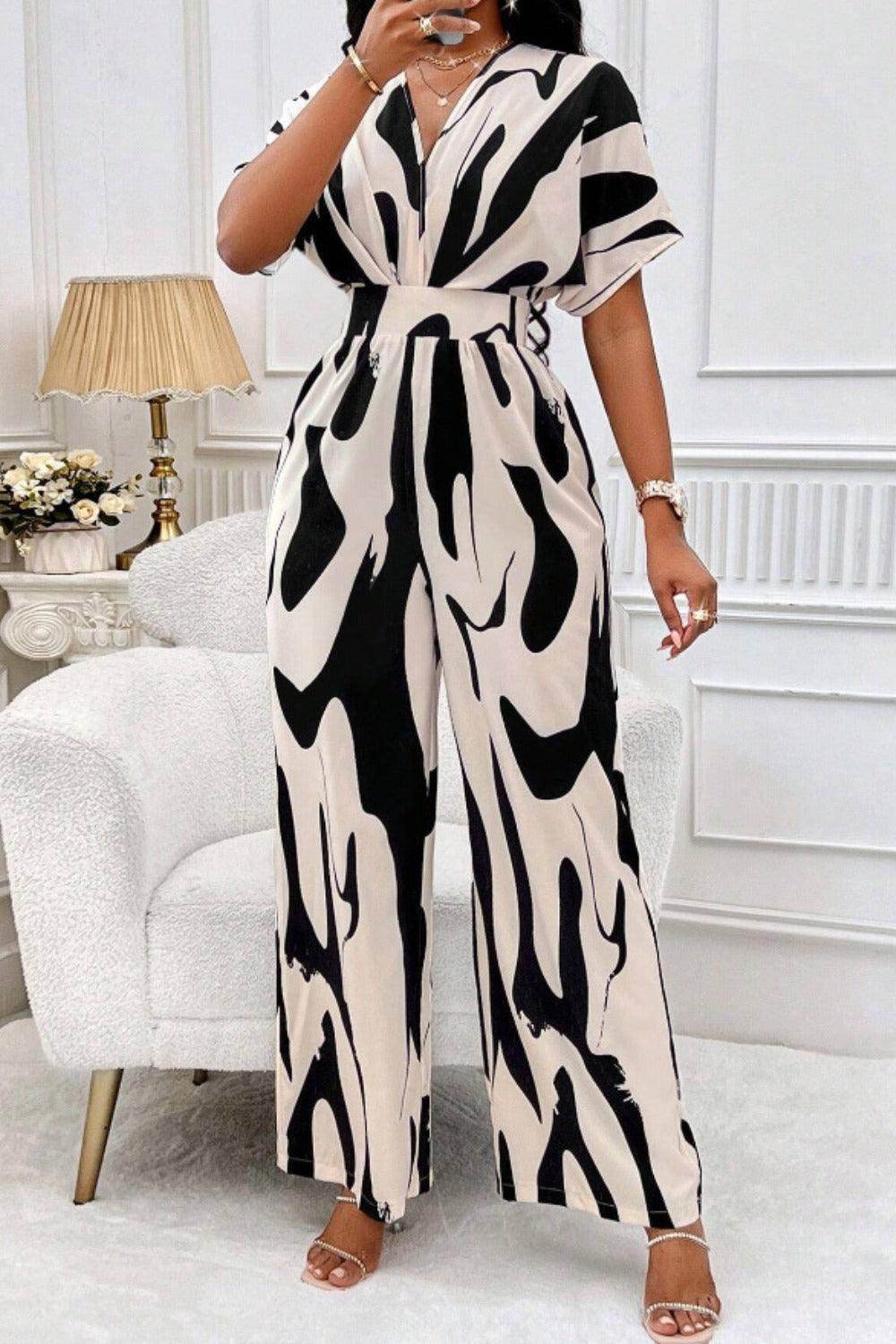 Printed V-Neck Short Sleeve Wide Leg Jumpsuit for Women - Selvanelle