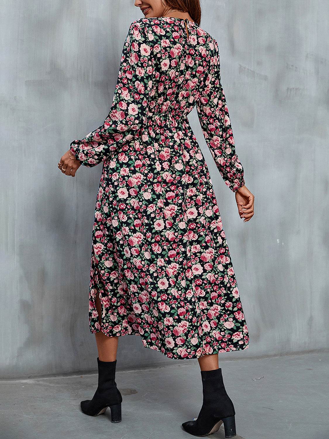 Perfee Floral V-Neck Slit Midi Dress - Selvanelle