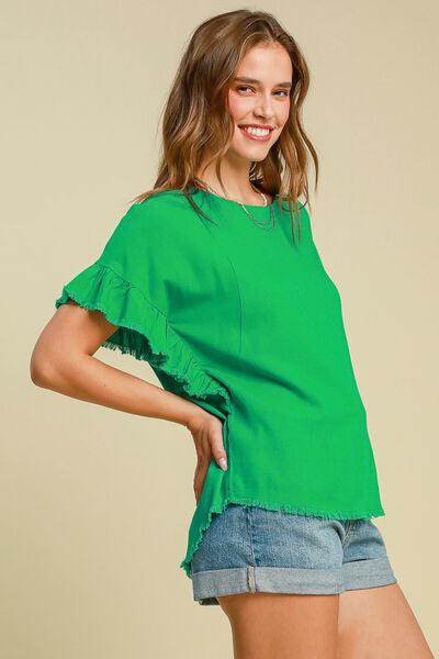 Umgee Full Size Raw Hem Ruffle Short Sleeve Blouse Plus Size - Selvanelle