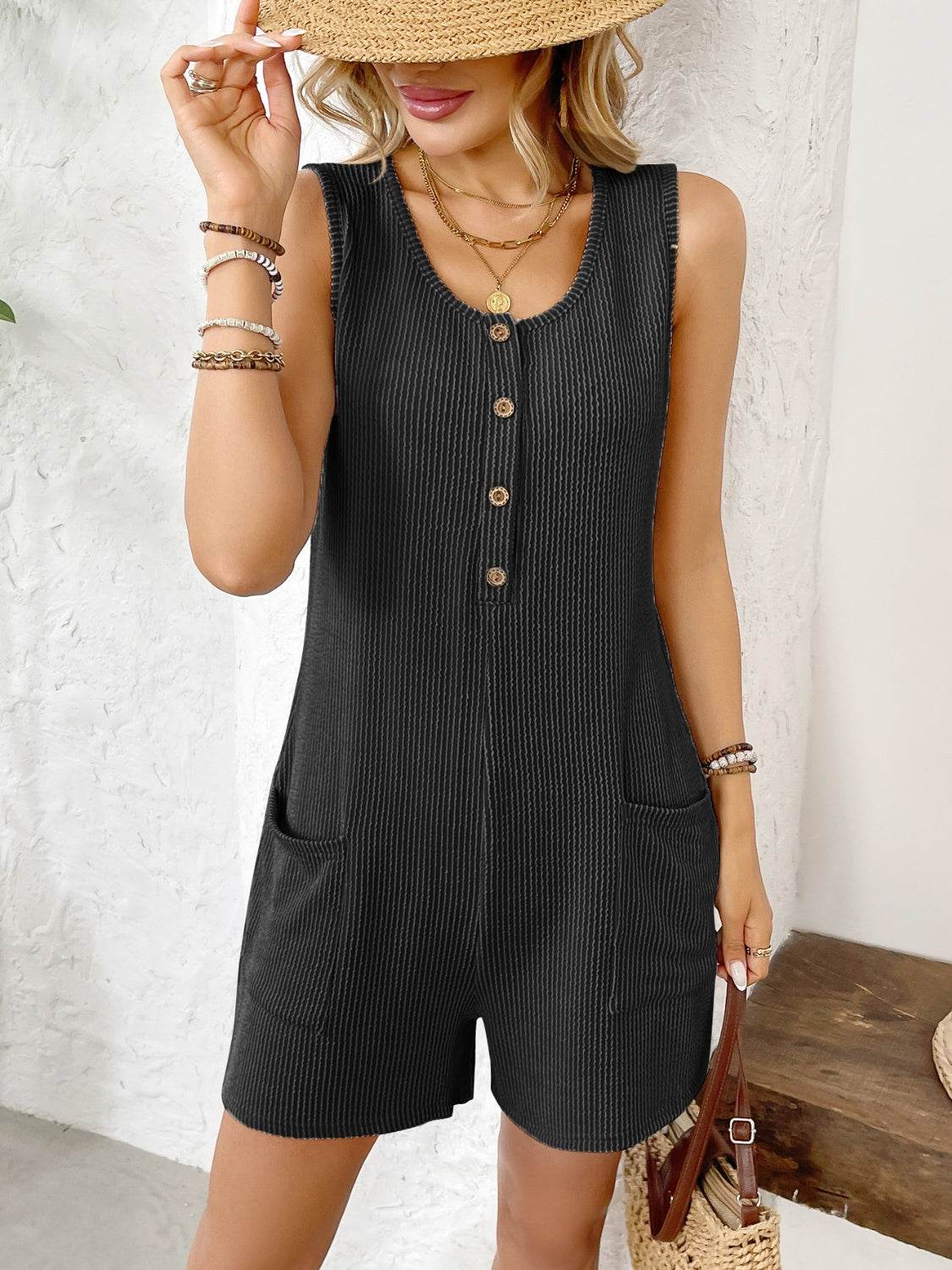 Pocketed Round Neck Sleeveless Romper - Selvanelle