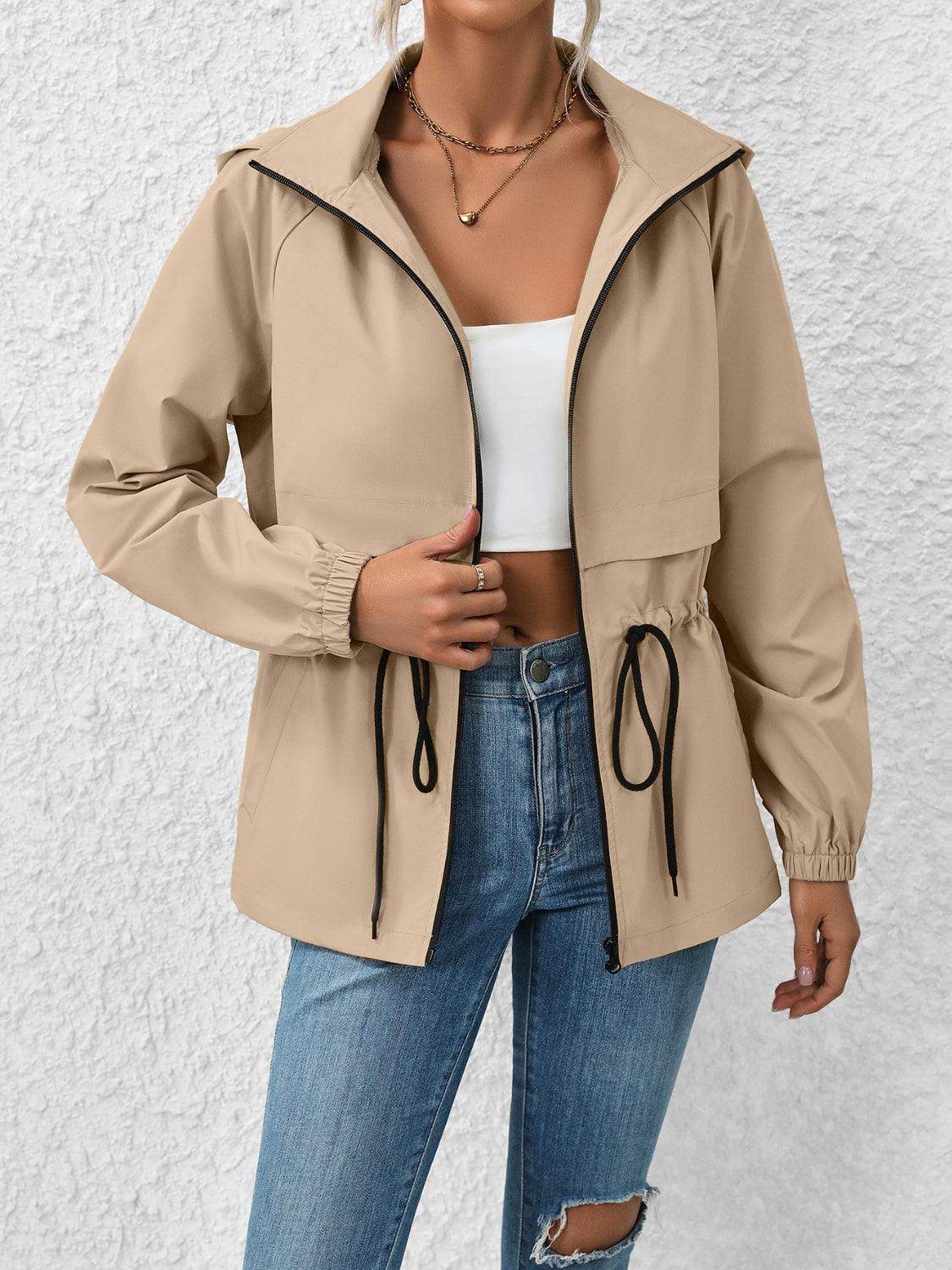 Ivy Lane Drawstring Zip Up Hooded Jacket for Women - Selvanelle