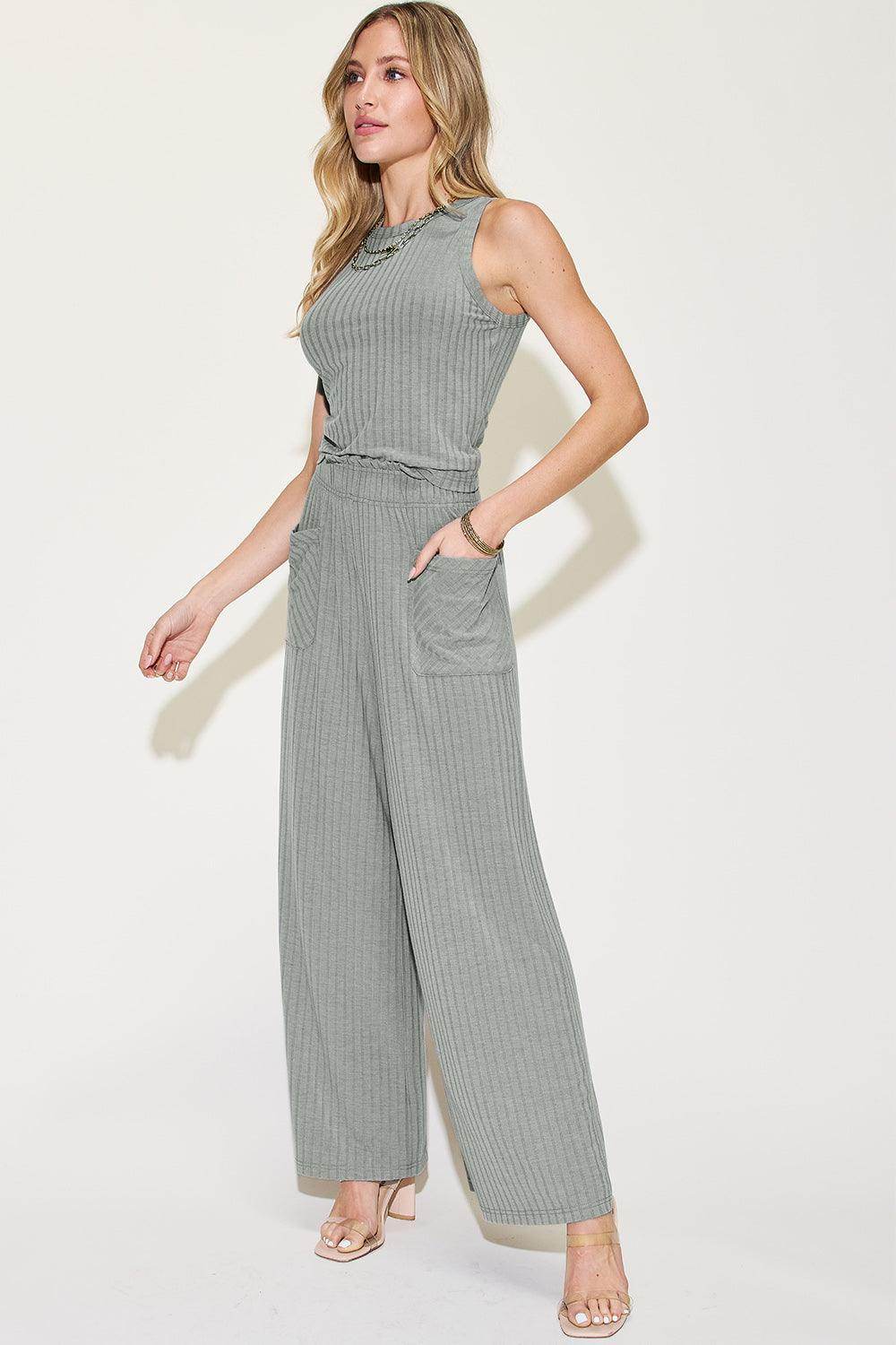 Basic Bae Full Size Ribbed Tank and Wide Leg Pants Set - Selvanelle