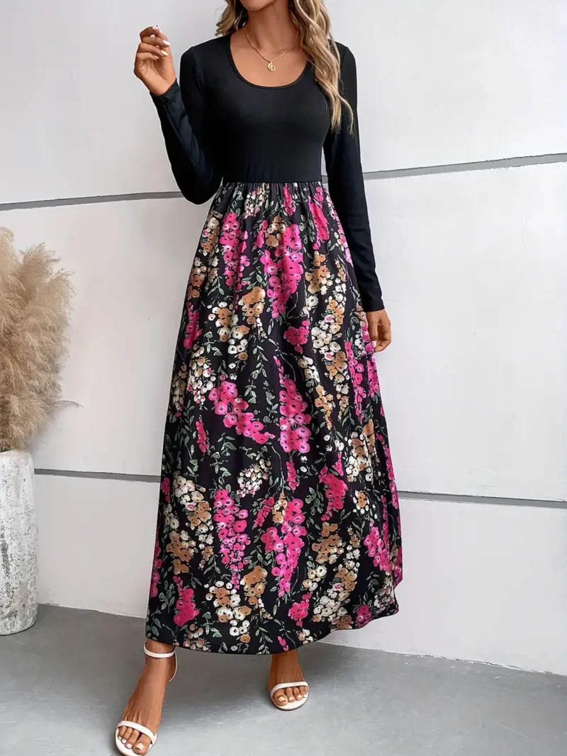 Floral Round Neck Long Sleeve Maxi Dress - Selvanelle