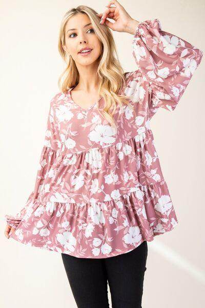 Celeste Full Size Tiered Floral V-Neck Long Sleeve Blouse - Selvanelle