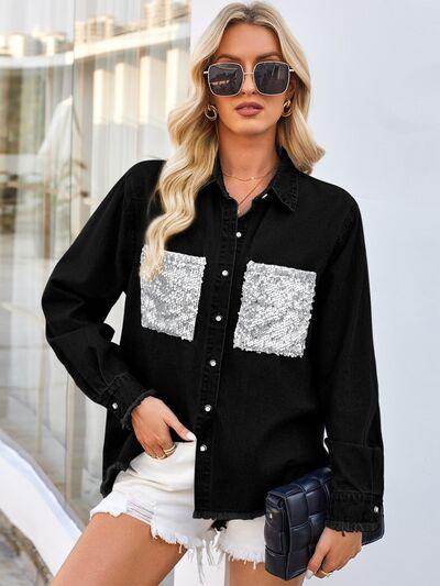 Raw Hem Button Up Long Sleeve Denim Jacket with Sequin Pockets - Selvanelle
