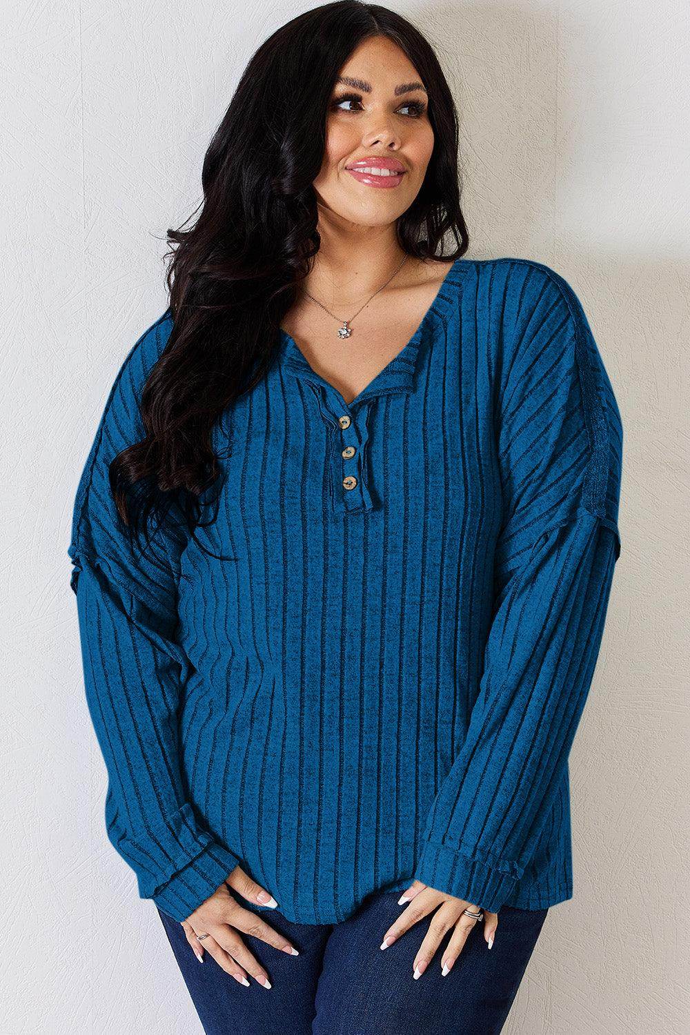 Basic Bae Full Size Ribbed Half Button Long Sleeve T-Shirt - Selvanelle