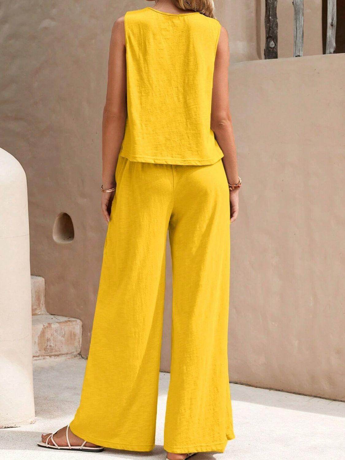 Stylish Round Neck Sleeveless Top and Wide Leg Pants Set - Selvanelle