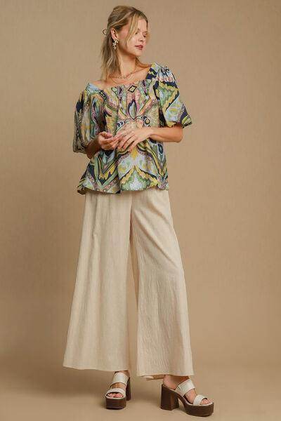 Umgee Full Size Abstract Print Smocked Puff Sleeve Blouse - Selvanelle
