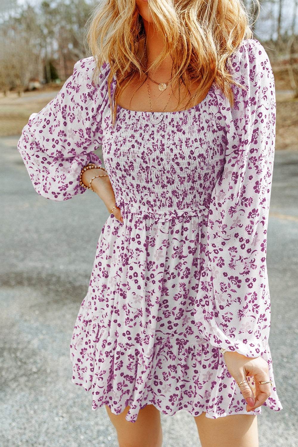 Smocked Floral Square Neck Balloon Sleeve Dress - Selvanelle
