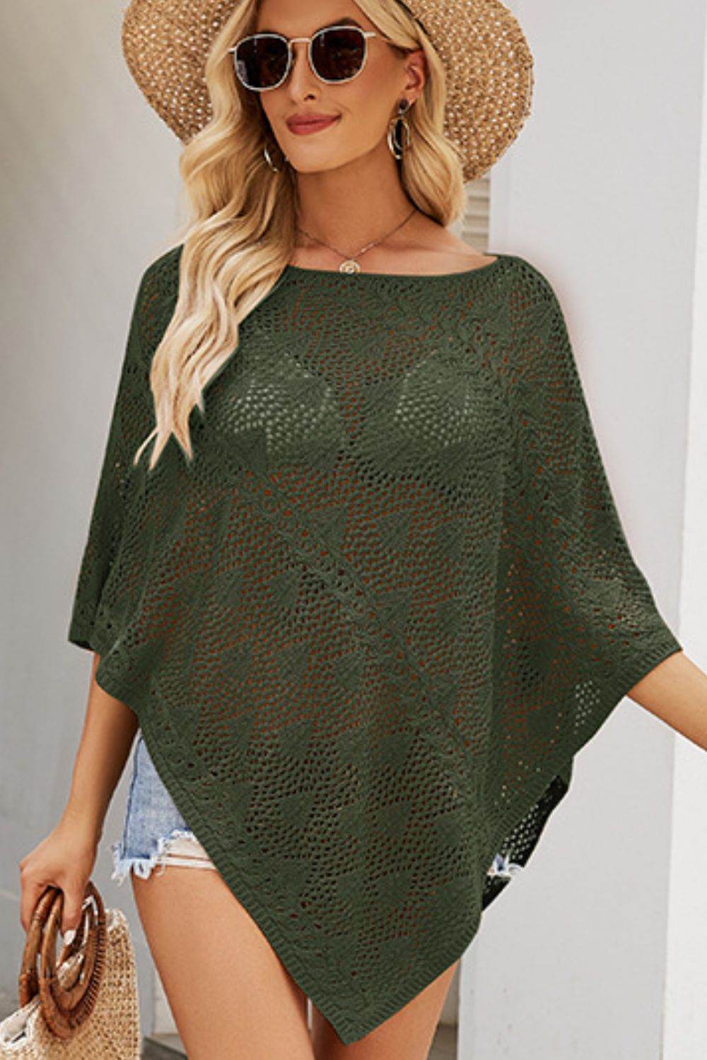 Openwork Boat Neck Shawl Cover Up - Selvanelle