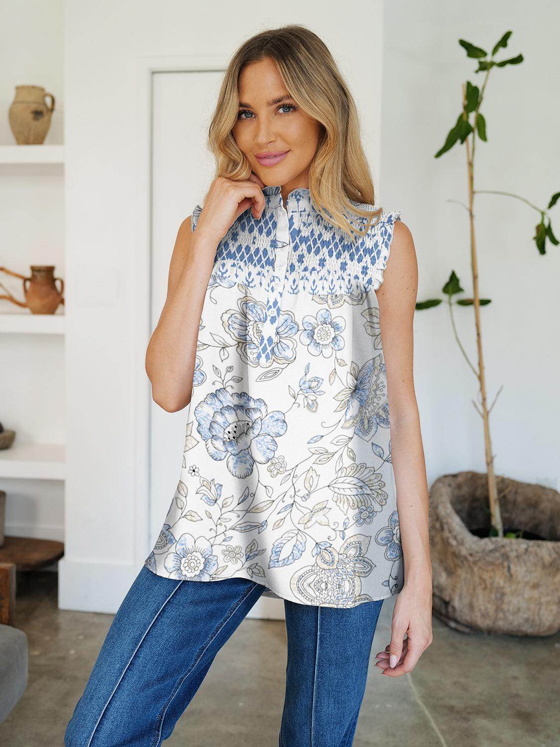 FAM-FAM Frill Printed Mock Neck Top for Stylish Outfits - Selvanelle