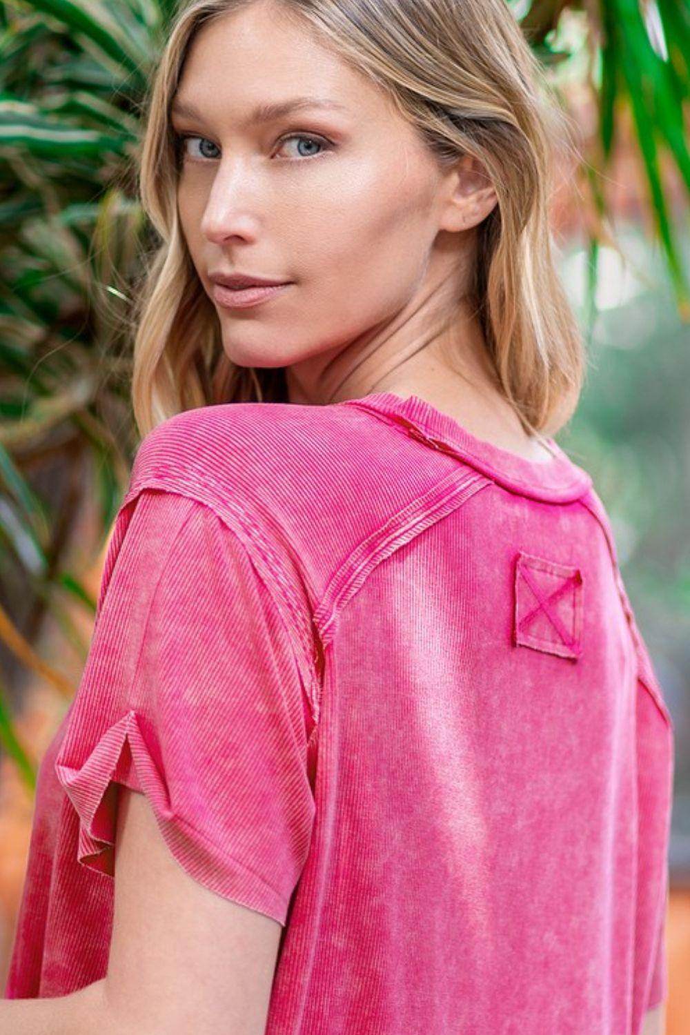 Zenana Washed Ribbed Short Sleeve Top for Effortless Style - Selvanelle