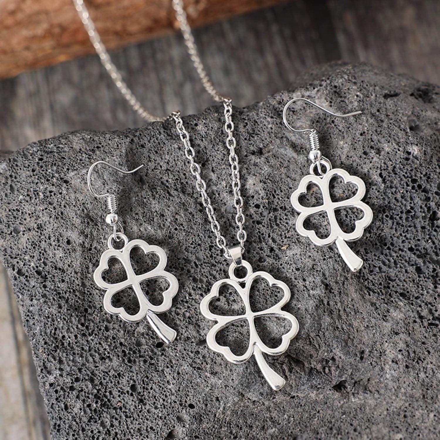 Lucky Clover Alloy Earrings and Necklace Jewelry Set Gift - Selvanelle