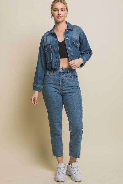 Love Tree Raw Hem Button Up Cropped Denim Jacket for Women - Selvanelle