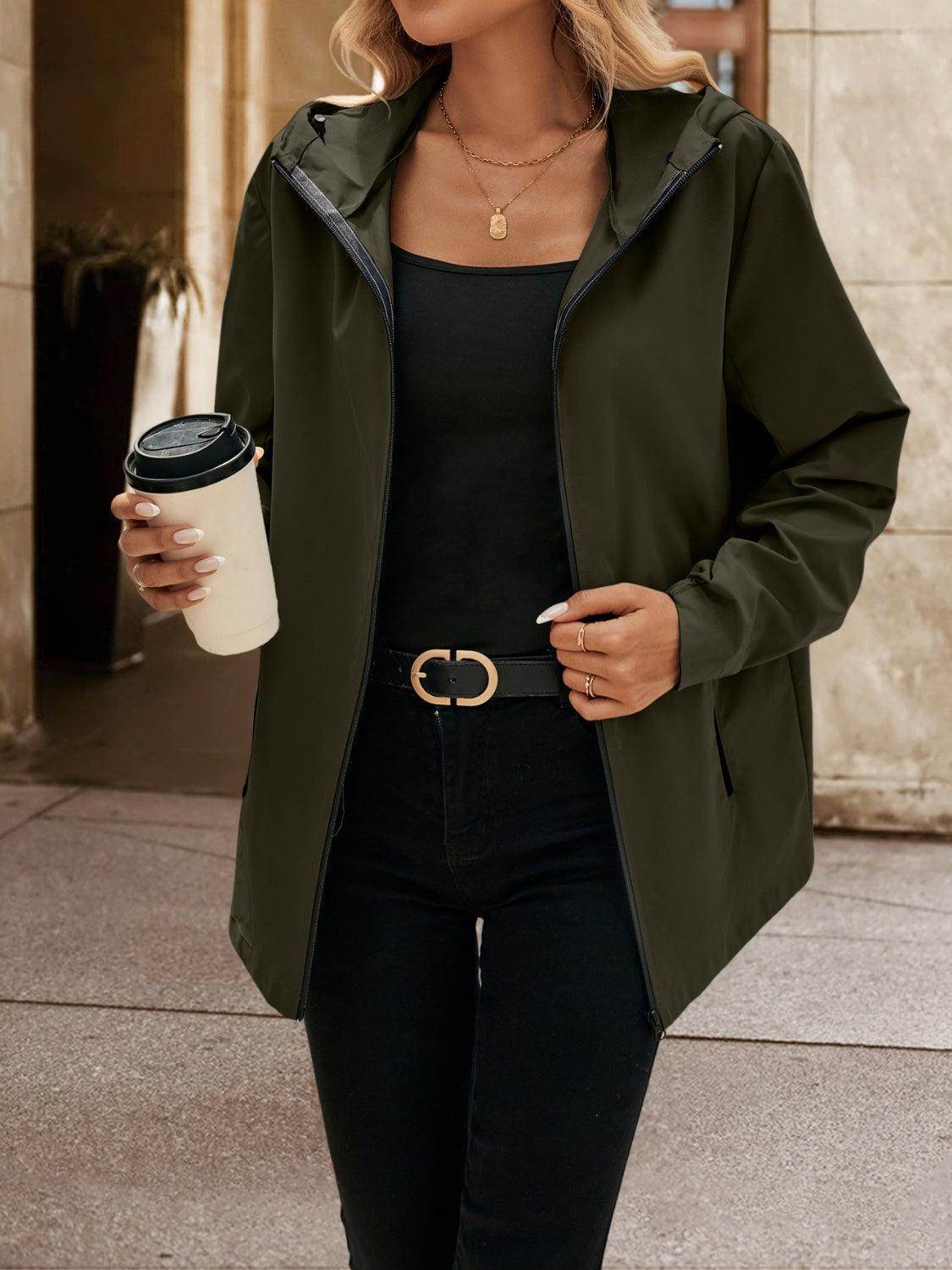 Ivy Lane Pocketed Zip Up Hooded Jacket for Women - Selvanelle