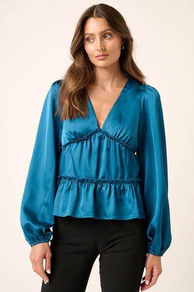 Mittoshop Satin V Neck Ruffled Tier Blouse for Women - Selvanelle