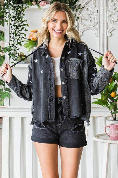 Veveret Star Embroidered Hooded Denim Jacket for Women - Selvanelle