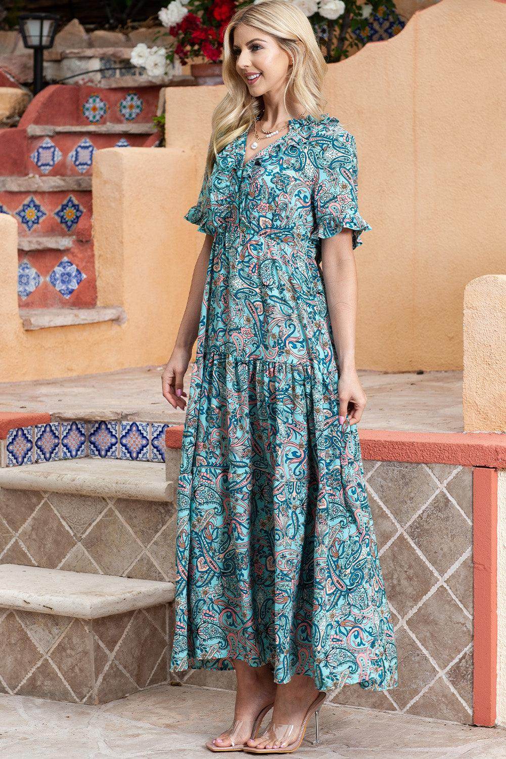 Paisley Print Flounce Sleeve Maxi Dress for Women - Selvanelle
