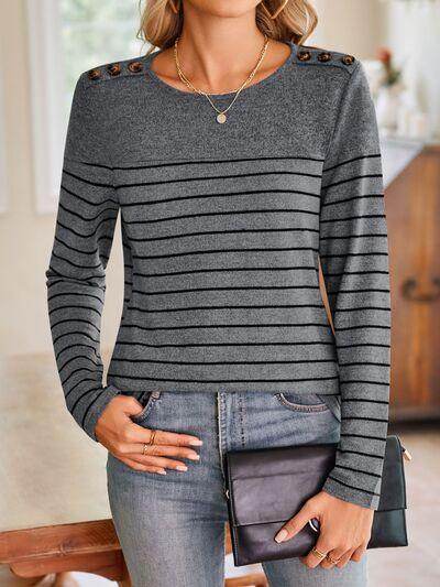Lovelet Striped Round Neck Long Sleeve T-Shirt for Women - Selvanelle