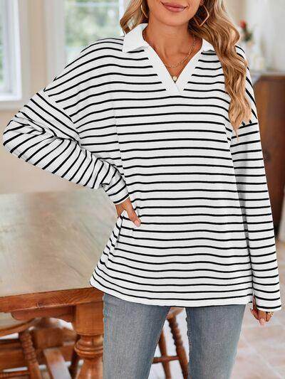 Lovelet Striped Johnny Collar Long Sleeve T-Shirt for Women - Selvanelle