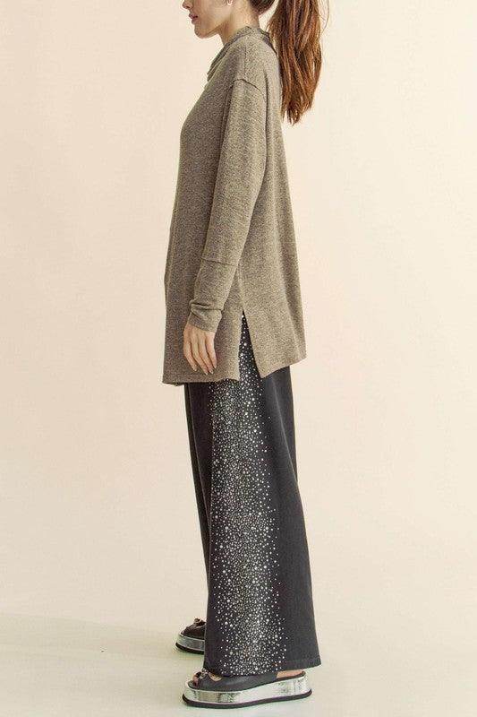 Davi & Dani Slit Mock Neck Long Sleeve Top for Women - Selvanelle