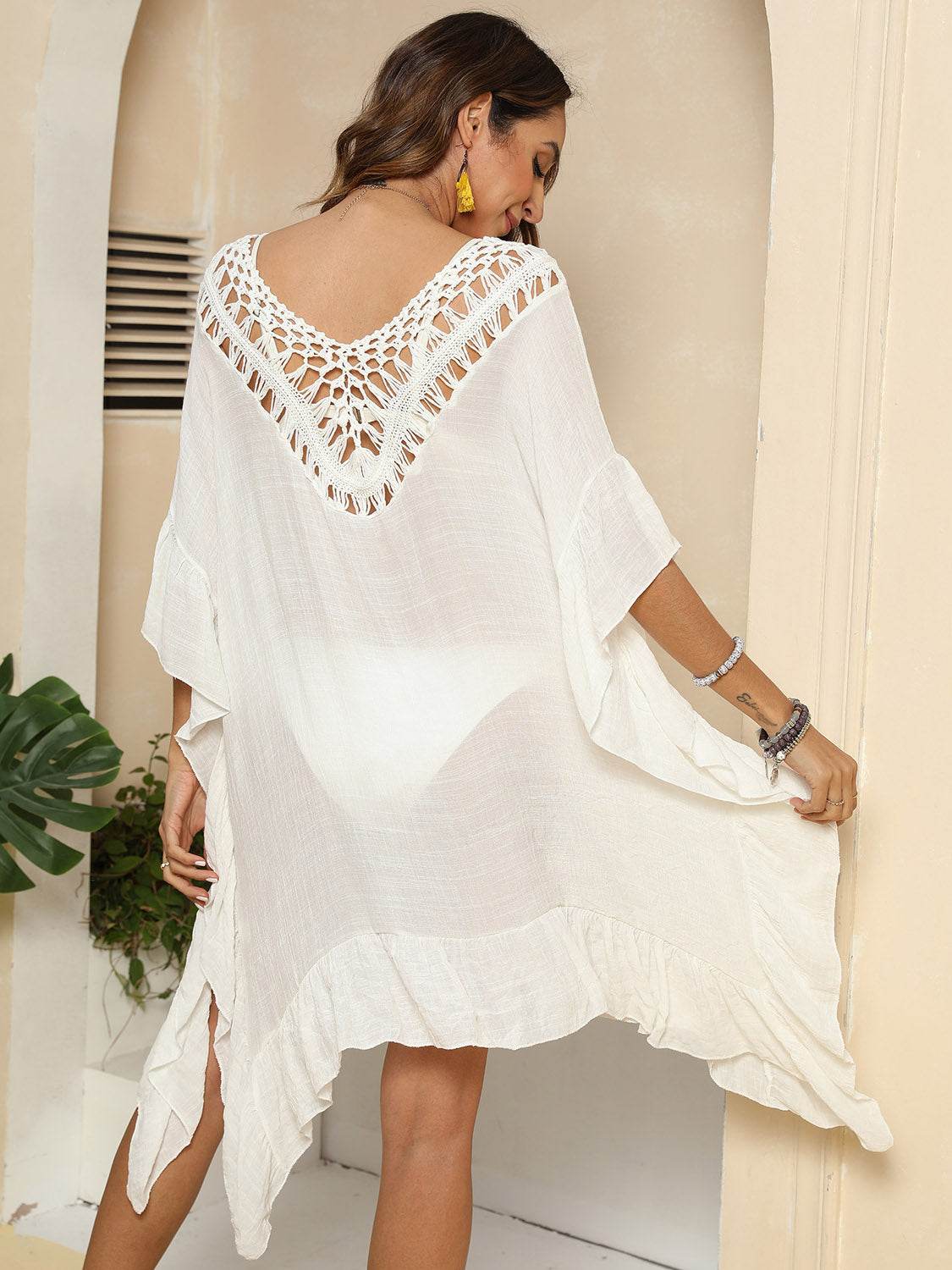 Cutout Ruffled Half Sleeve Cover-Up - Selvanelle
