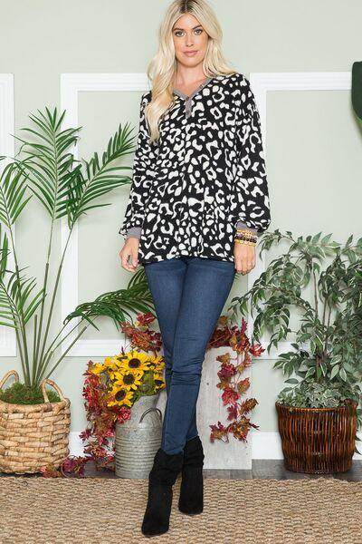 Celeste Full Size Leopard V-Neck Long Sleeve Blouse for Women - Selvanelle