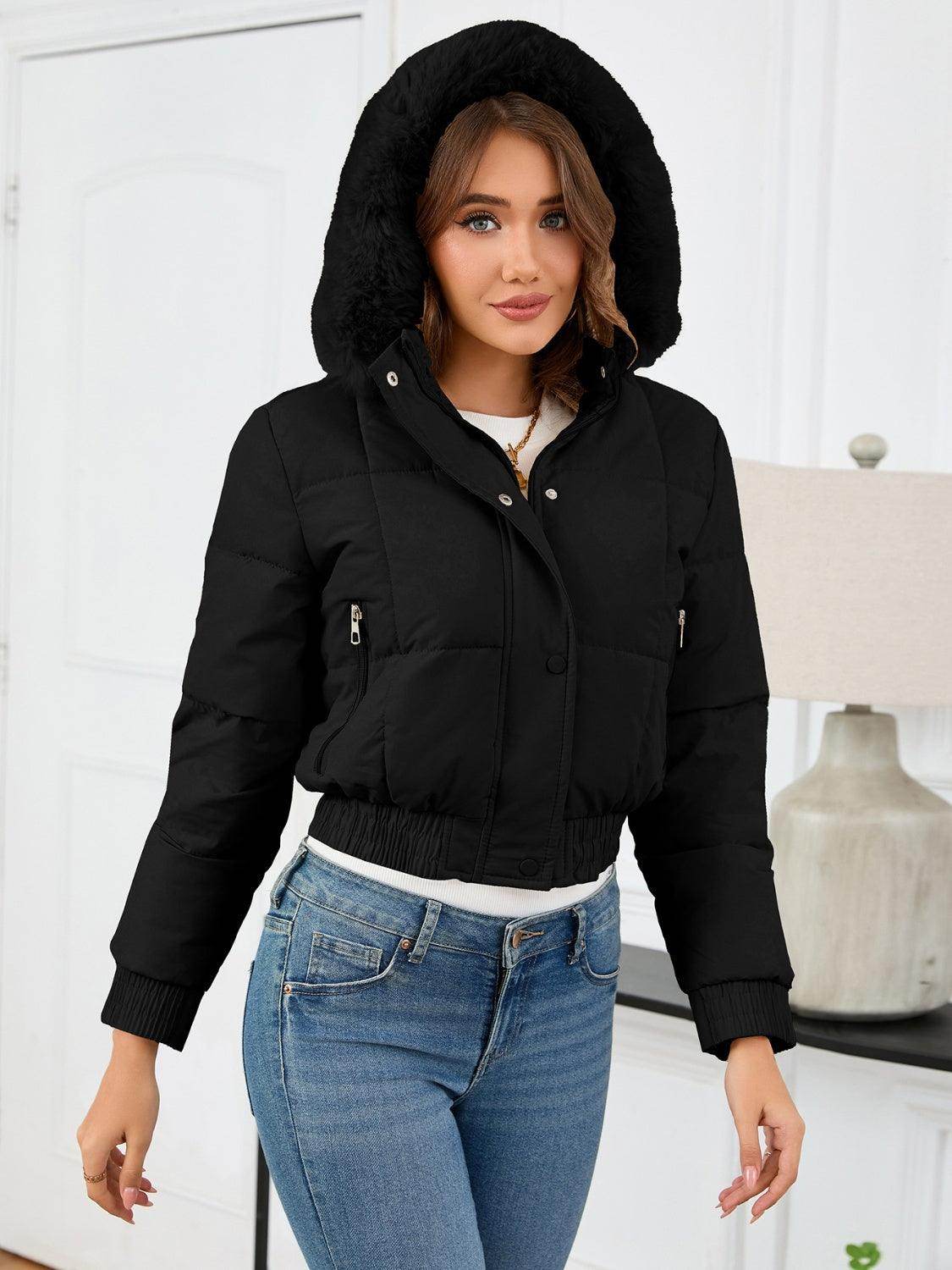 Pocketed Long Sleeve Cropped Hooded Winter Coat for Women - Selvanelle
