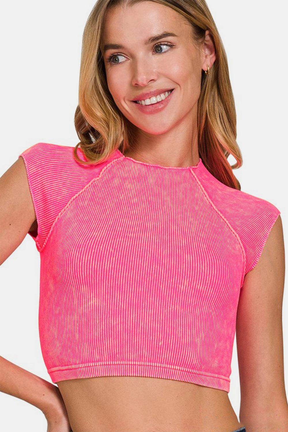 Zenana Ribbed Round Neck Cropped Top for Stylish Outfits - Selvanelle