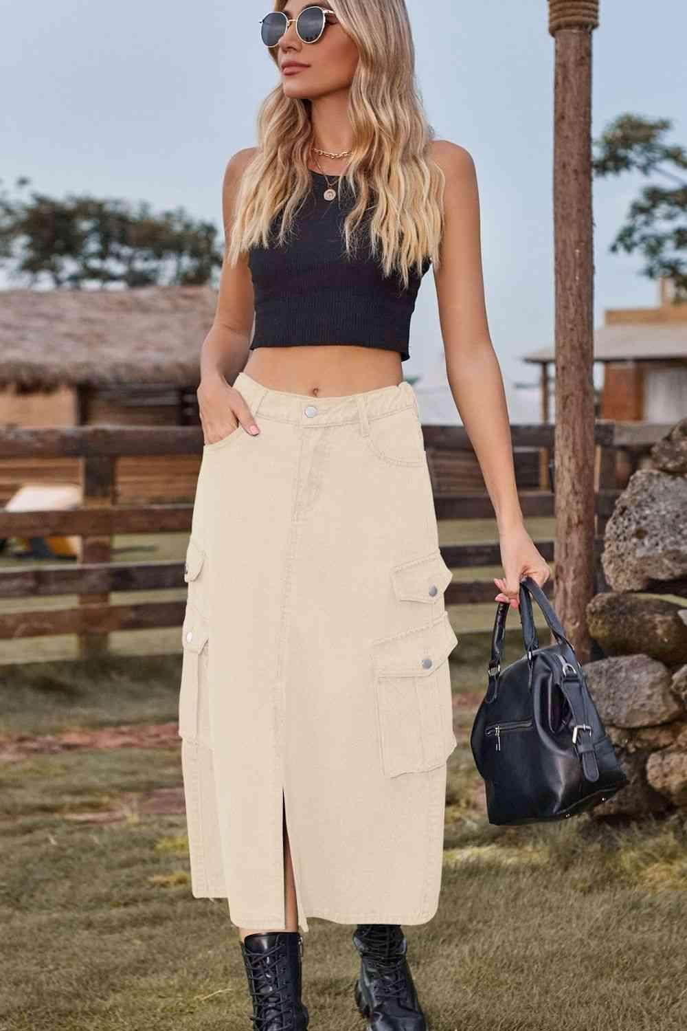 Slit Front Midi Denim Skirt with Pockets for Women - Selvanelle