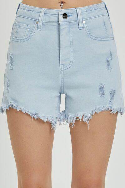 RISEN Full Size High Rise Distressed Detail Denim Shorts - Selvanelle