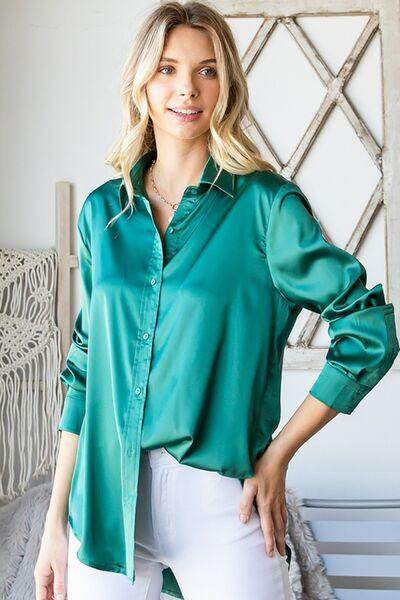 First Love Satin Long Sleeve Button Down Shirt for Women - Selvanelle